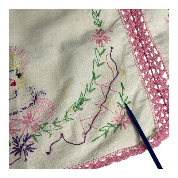 Vintage Hand Embroidered Vanity Dresser Tablecloth 26”x19” Pink Lace Trim - Picture 5 of 8